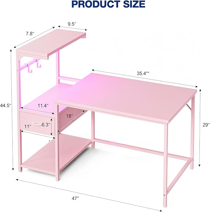 Grandder Gaming Desk 47 Inch with CPU Stand and LED Light, Computer Desk with Reversible Shelves and Storage Drawer, Pc Small Desk for Home Office Table with Bag, Pink