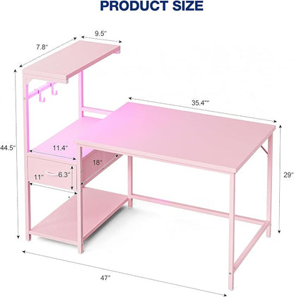 Grandder Gaming Desk 47 Inch with CPU Stand and LED Light, Computer Desk with Reversible Shelves and Storage Drawer, Pc Small Desk for Home Office Table with Bag, Pink
