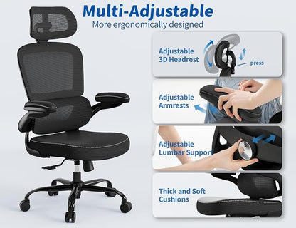 TRALT Ergonomic Office Chair - Desk Chair with Adjustable Headrest Lumbar Support Computer Chair - Mesh Comfy Chair with Flip-up Armrests - Gaming Chair for Adults Home Office PU, Black, Pack of 2