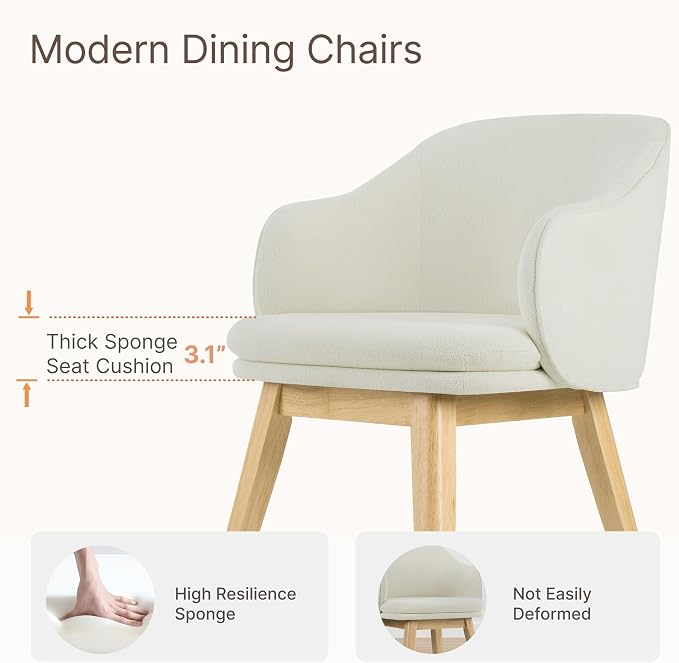 KISLOT Wooden Dining Chairs Set of 2, Fabric Upholstered Modern Dining Room Chairs with Barrel Backrest & Double-Layer Thick Cushion for Living Room, Restaurant, Kitchen and Café, Beige