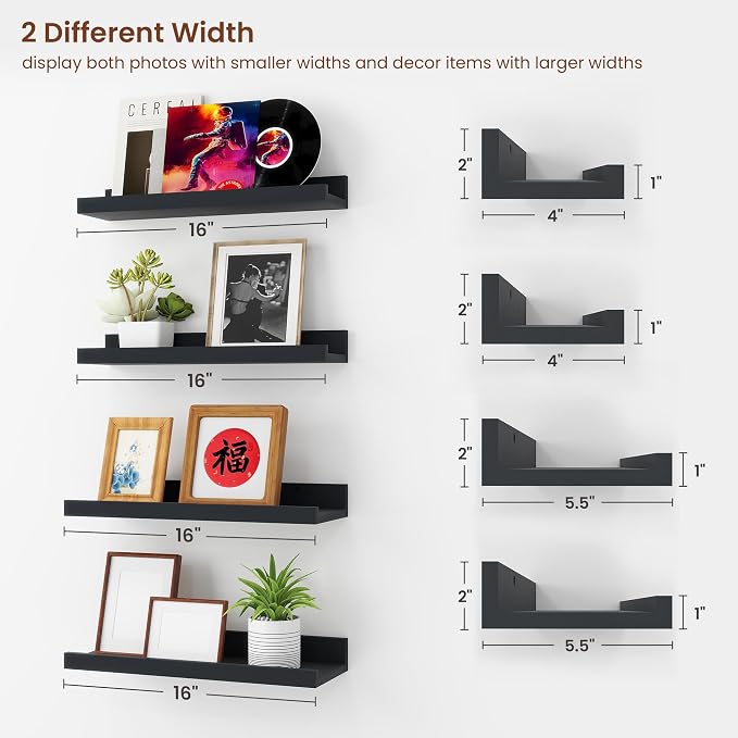 Axeman Black Picture Ledge Shelf Set of 4, 16'' Floating Shelves with Lip | Rustic Black Wood Picture Shelves for Wall with Ledge, Wall Shelves with Lip for Photos Nursery Books