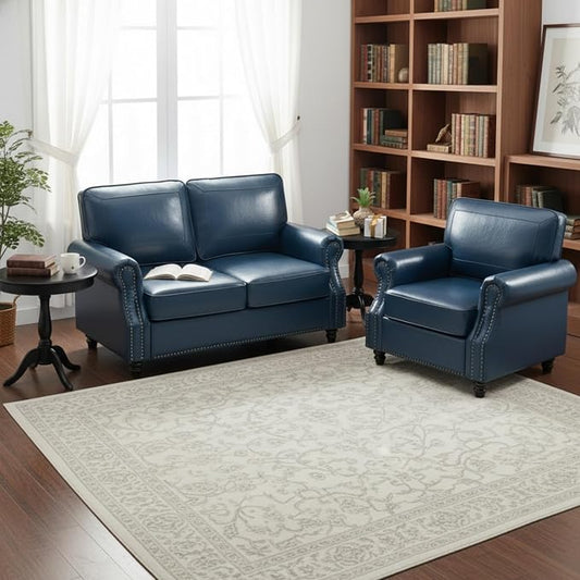 Kingfun Loveseat 2 Seater Couch with Chair, Mid Century Modern Faux Leather Sofa Set with Rolled Arms and Deep Seats, Fluffy Comfort for Living Room, Apartment, Easy Assembly, Blue