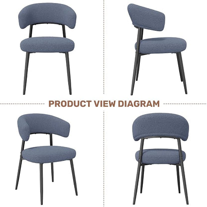 Dining Chairs Set of 4, Mid Century Modern Kitchen Chairs, Boucle Upholstered Dining Chair with Curved Backrest & Metal Legs for Kitchen Dining Room, Dark Blue