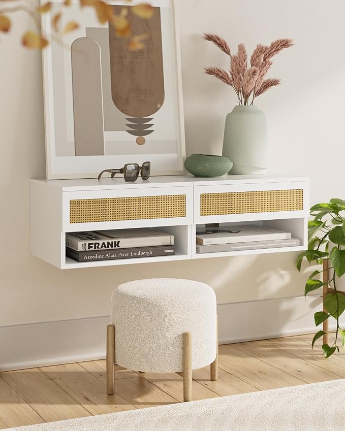 Small Modern Nightstand with Drawer, Floating Shelves for Bedroom, Bathroom (White Rattan)