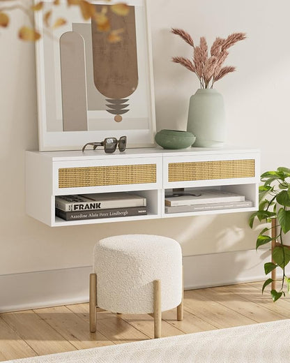 Small Modern Nightstand with Drawer, Floating Shelves for Bedroom, Bathroom (White Rattan)