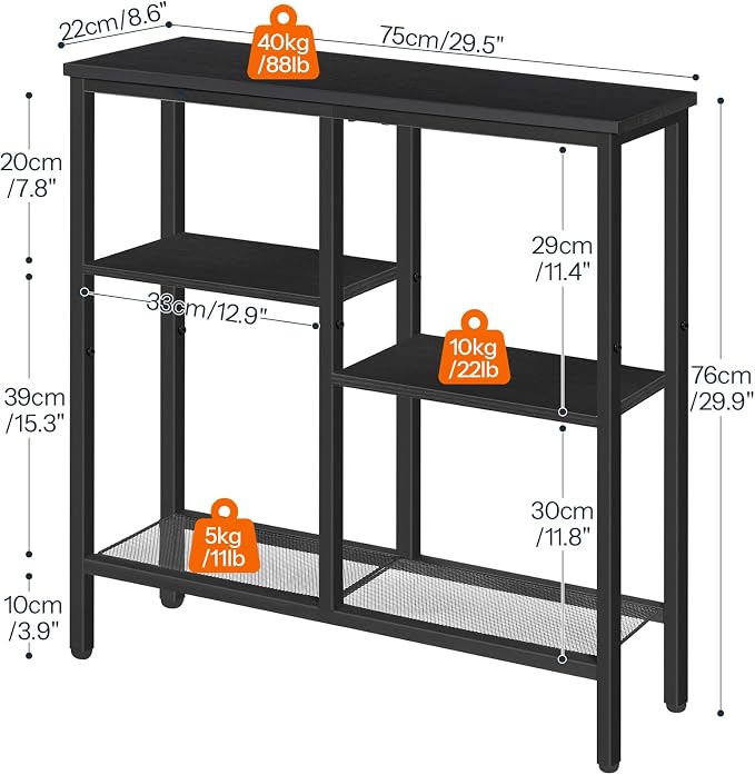 HOOBRO Narrow Console Table, Sofa Table, 4-Tier Industrial Entryway Table with Metal Mesh Shelf, Hallway Table with Adjustable Feet, for Entryway, Living Room, Hallway, Black BB79XG01