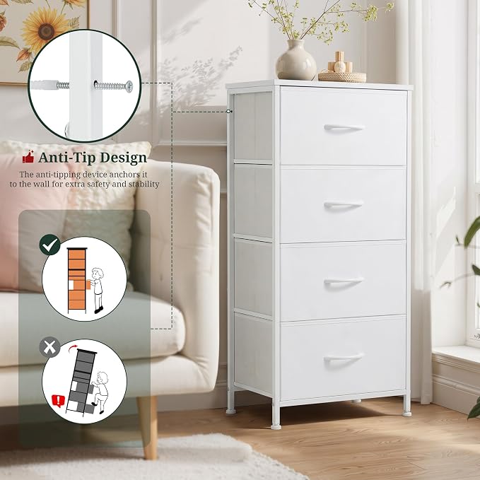 4 Drawers Dresser for Bedroom, Fabric Storage Tower Organizer with Wooden Top and Steel Frame, Tall Chest of Drawers for Closet, Entryway, Dorm, Ivory White