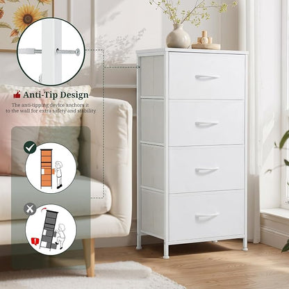 4 Drawers Dresser for Bedroom, Fabric Storage Tower Organizer with Wooden Top and Steel Frame, Tall Chest of Drawers for Closet, Entryway, Dorm, Ivory White