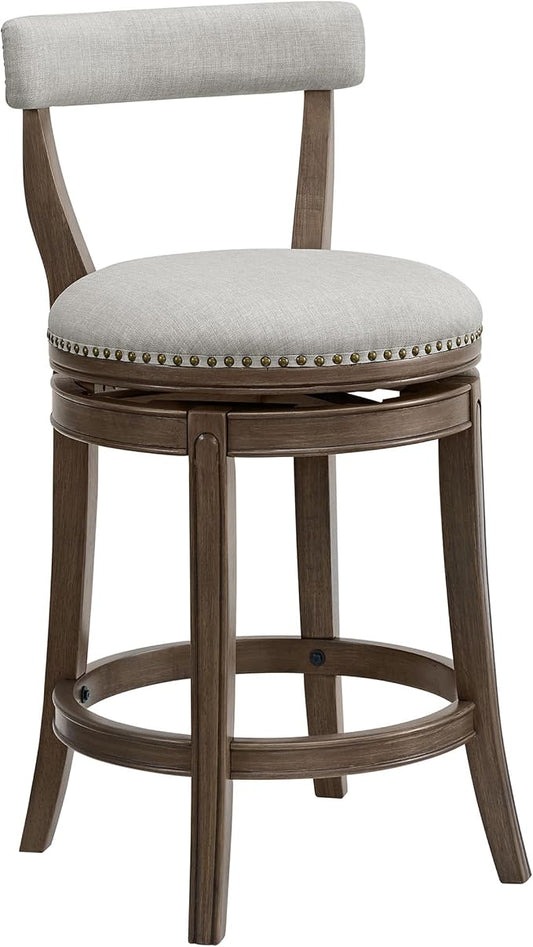 ROME + OAK Ruxban 26" Counter Stool, Low Back Swivel Barstools in Weathered Oak Finish with Sand Fabric Upholstery Seat - Indoor Home Furniture