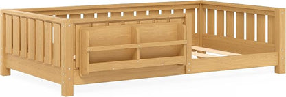 Bellemave Twin Floor Bed with Rails and Slats, Twin Size Montessori Floor Bed with Bookshelf and Fence, Easy Assemble Montessori Beds Frame for Girls, Boys, Deep Natural