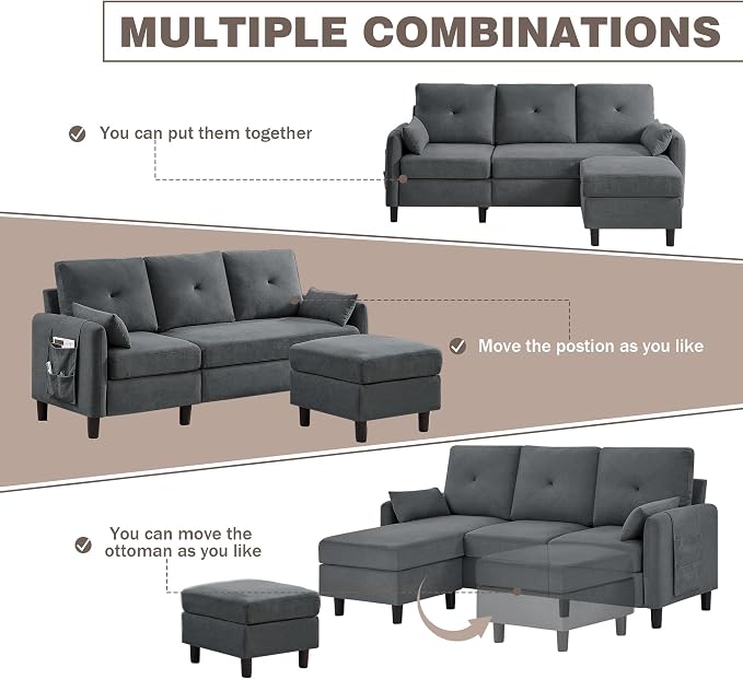 Convertible Sectional Sofa, 77" Small L Shaped 3 Seat Couch with Reversible Storage Chaise, Modern Polyester Fabric Sofa Couches for Living Room, Apartment and Small Space, Dark Grey