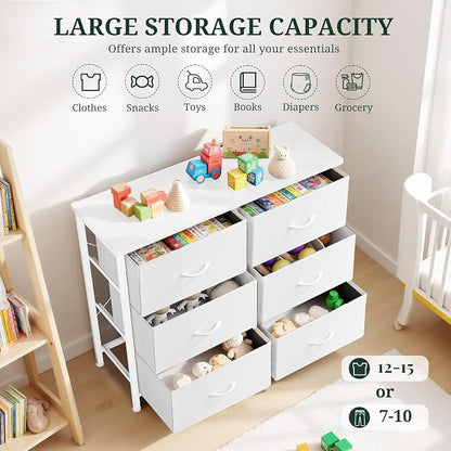 6-Drawer Dresser for Bedroom, Anti-Tip Wide Storage Organizer Chest of Drawers with Wooden Top and Metal Frame Fabric Bins for Closet, Living Room, Hallway, Entryway, White