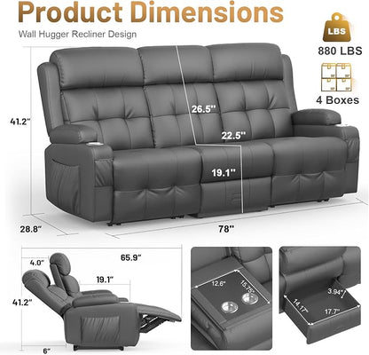 Loveseat Recliner Sofa, Home Theater Seating with Massage, 3 Seat Reclining Loveseats with Flip Backrest, Wall Hugger RV Couch Theater Chairs, RV Furniture Sofas with USB, Cup Holders for Gaming Room