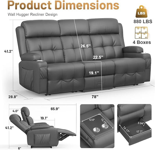 Loveseat Recliner Sofa, Home Theater Seating with Massage, 3 Seat Reclining Loveseats with Flip Backrest, Wall Hugger RV Couch Theater Chairs, RV Furniture Sofas with USB, Cup Holders for Gaming Room