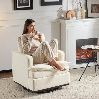 VINGLI Mid-Century Modern Single Swivel Armchair, 360° Swivel Accent Chair, Double-Layer Seat Cushions, Upholstered Square Club Chair for Living Room, Bedroom, Reading Room,Chenille Beige