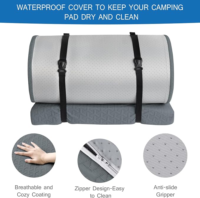 Memory Foam Camping Pad 3 Inch Thick, Soft Sleeping Pad with Waterproof Cover, Roll Up Cot Pad Topper for Travel Truck Bed Tent, Pad Only