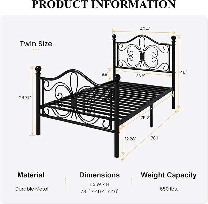 SHA CERLIN Twin Size Bed Frame for Kids,Metal Bed Frame with Butterfly Pattern Design Headboard and Footboard,No Box Spring Needed,Easy Assembly,Black
