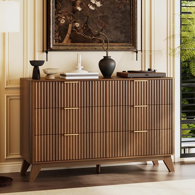 VINGLI Fluted Walnut Dresser 6 Drawer, Dark Brown Wood Dresser with Rounded Edges, Mid Century Modern Walnut Dressers for Bedroom, 46.8" W*15.5" D*31" H