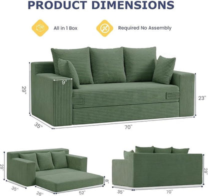 Boneless Couch for Living Room, 3 Seater Convertible Futon Sofa Bed Comfy Pull Out Couch with 5 Pillows & Detachable Washable Cover, Upholstered Floor Sofa in A Box, No Assembly Required, Green