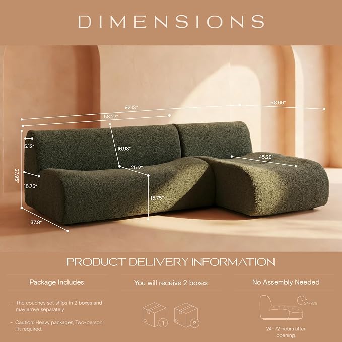 Vothio Curved Sectional Modular Couch with Chaise, Modern 92.13'' Boneless Sofa with Deep Seat, Sherpa Boucle Cloud Couch for Living Room, Cozy Teddy L-Shaped Couches，No Assembly, Green