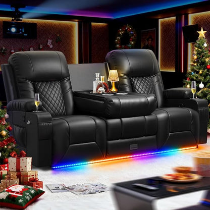 RV Loveseat Recliner Sofa, 3 Seater Reclining Sofa with Flip Back Console, Modern Reclining Couch with USB Ports, Cup Holders, Insert Pockets, RV Recliners for Travel Trailers & Living Room