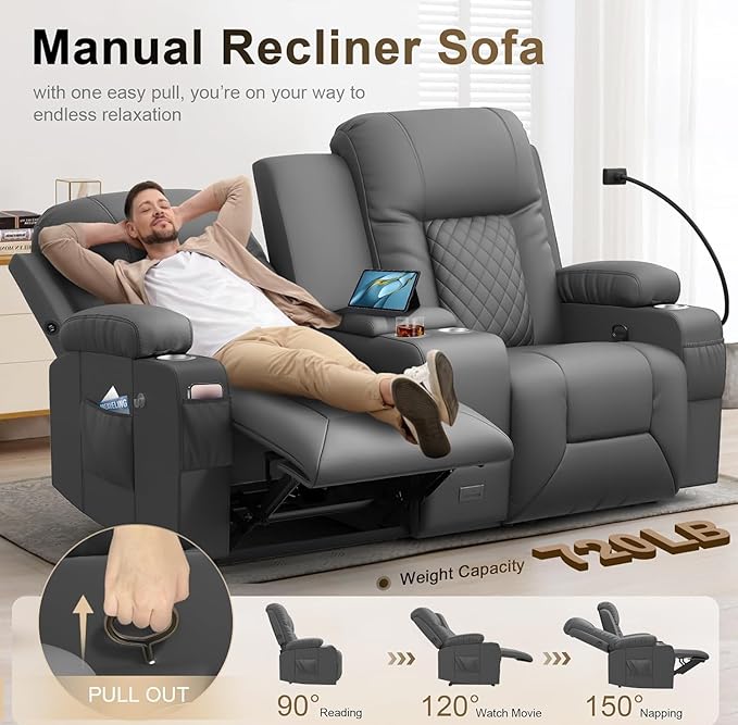 YONISEE Large Loveseat Recliner, Loveseat Recliner Sofa with Storage Console, Recliner Chair with USB Ports, 2 Cell Phone Holders, Cup Holder, Loveseat Couch for Living Room (Dark Gray)
