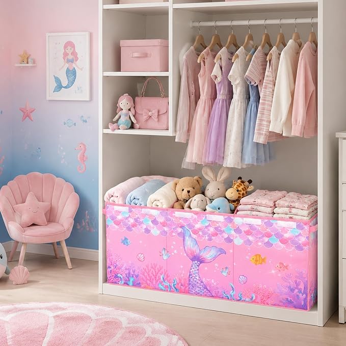 Unicorn Castle Toy Box with Adjustable Divider Toy Chest Storage Large Toy Storage Organizer Bin Collapsible with Lid Pockets for Nursery Playroom,Pink Purple Mermaid
