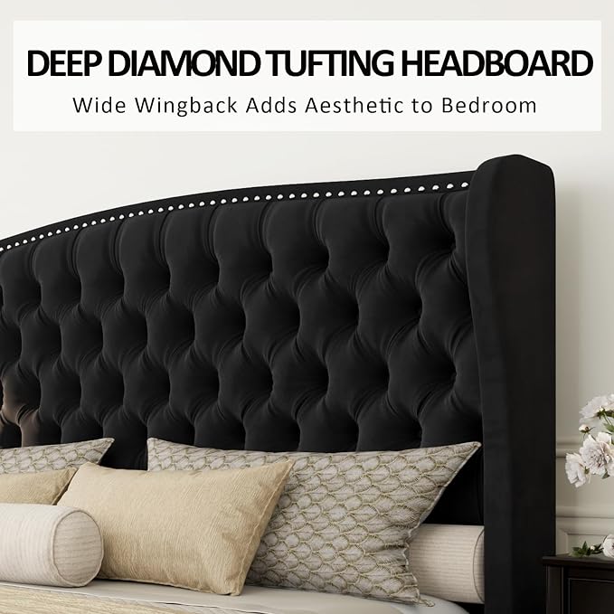 AMERLIFE California King Size Platform Bed Frame, Velvet Upholstered Bed with Deep Button Tufted & Nailhead Trim Wingback Headboard/No Box Spring Needed,Black