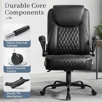 GTPOFFICE Executive Office Chair with Comfortable Lumbar Support, Ergonomic Gaming Chair with Flip-up Armrests & Zoned Pressure-Relief Cushion, Comfy PU Leather Desk Chair, Black