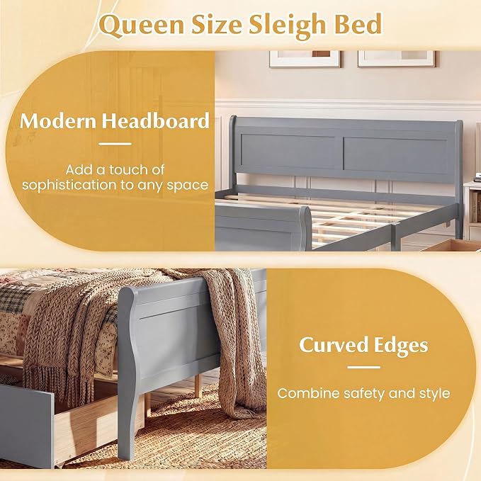 Giantex Queen Bed Frame with 2 Storage Drawers, Wood Platform Bed w/Headboard & Footboard, Wooden Slats Support Mattress Foundation, Sleigh Bedframe for Teens Adults, No Box Spring Needed (Grey)