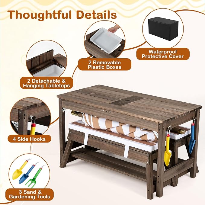 Costzon 4-in-1 Kids Picnic Table with Umbrella, Sand & Water Sensory Bins | Wooden Toddler Outdoor Table with Benches, Cushions, Cover, Gardening Tools, Kids Outdoor Furniture for Patio Backyard