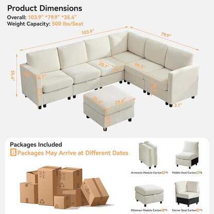 104'' V Shaped Modular Sofa, Sectional Couch with Storage for Living Room, Modern 7 Seater Cloud Sectional Couch with Movable Ottoman, Chenille Beige