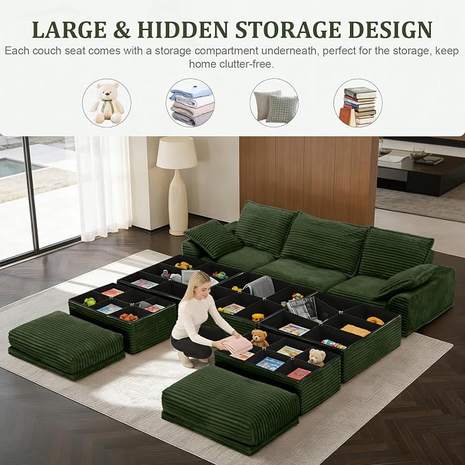Upgrade Boneless Couch with Storage, Extra Deep&High Seat Modular Sectional Sofa 3 Seater U Shaped Cloud Couch with Ottoman, Tool-Free Assembly Sectional Couches for Living Room