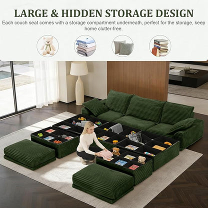 Upgrade Boneless Couch with Storage, Extra Deep&High Seat Modular Sectional Sofa 3 Seater U Shaped Cloud Couch with Ottoman, Tool-Free Assembly Sectional Couches for Living Room