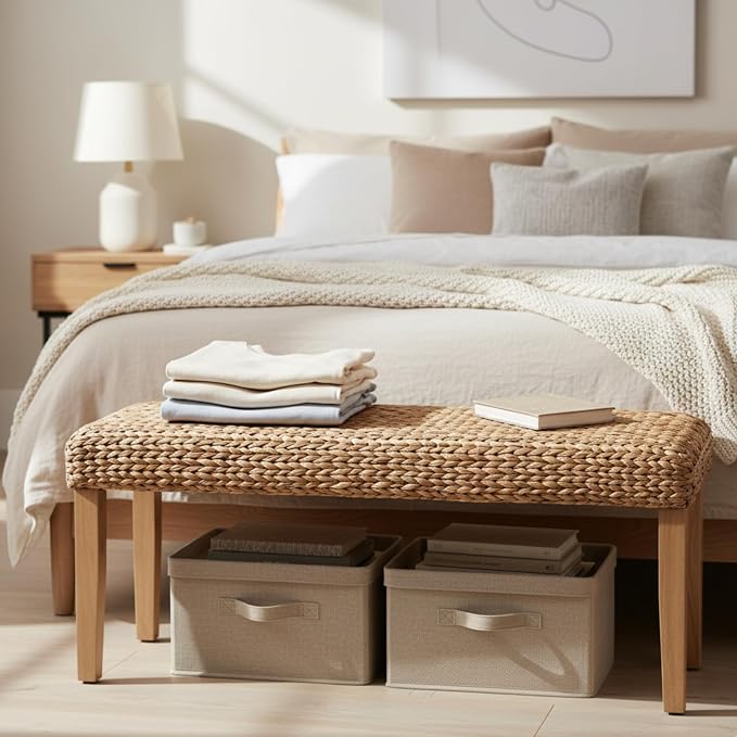 Solid Wood Acacia Indoor Bench with Natural Woven Seat, 47 Inch Wood Bench for Living Room or Entryway Bench, Bedroom End of Bed Bench or Dining Benches, Window Bench (Fishbone, Water Hyacinth)