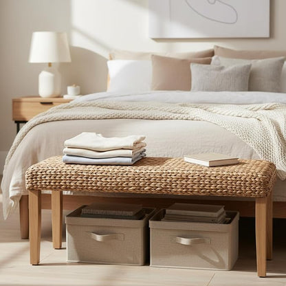 Solid Wood Acacia Indoor Bench with Natural Woven Seat, 47 Inch Wood Bench for Living Room or Entryway Bench, Bedroom End of Bed Bench or Dining Benches, Window Bench (Fishbone, Water Hyacinth)