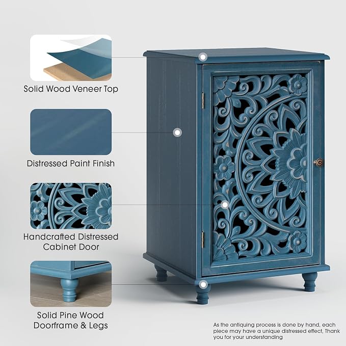 JOINICE Accent Cabinet with Hand-Carved Door for Living Room/Bedroom | Hand-Carved Floral Design, Farmhouse/Rustic Style, Space-Saving, Sofa Table, Solid Wood Legs, Adjustable Shelf, Easy Assembly