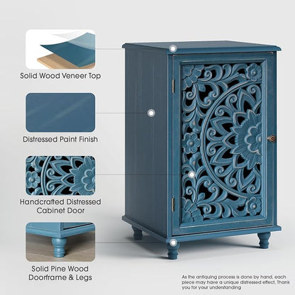 JOINICE Accent Cabinet with Hand-Carved Door for Living Room/Bedroom | Hand-Carved Floral Design, Farmhouse/Rustic Style, Space-Saving, Sofa Table, Solid Wood Legs, Adjustable Shelf, Easy Assembly