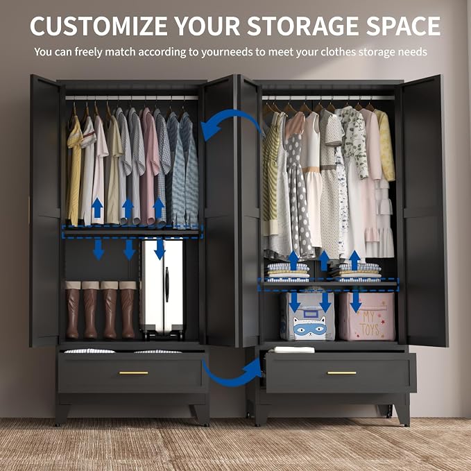 Steel Armoire Wardrobe Closet, 71" Metal Clothing Storage Cabinets with 2 Doors, 1 Drawer and Adjustable Shelves, Black Wardrobe Cabinet with Hanging Rod for Bedroom, Gym