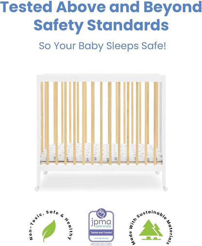 Delta Children Mia Portable Folding Mini Crib with 1.5-Inch Mattress - Greenguard Gold Certified, Bianca White/Natural