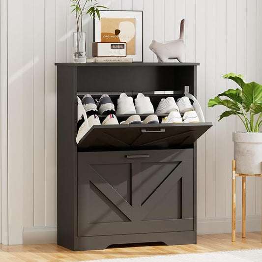 Homleke Farmhouse Shoe Cabinet for Entryway with 2 Barn-Style Flip Drawers, Narrow Shoe Storage Organizer with Top Display Shelf, Adjustable Shelves, Shoe Rack for Hallway, Closet- (Black, 24" Wide)