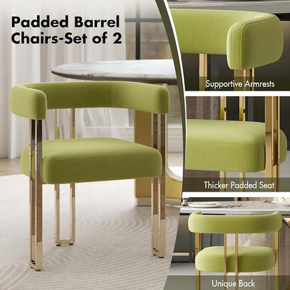 Hyfirm Green and Gold Modern Dining Chairs Set of 2, Velvet Upholstered Barrel Armchairs with Metal Legs for Kitchen Island, Mid Century Accent Chairs for Dining Room Living Room, Open-Back