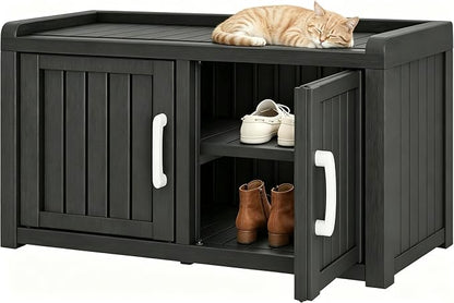 2 Doors Outdoor Shoe Storage Bench | Waterproof UV-Resistant Resin Cabinet, Entryway Organizer for Porch, Hallway, Black