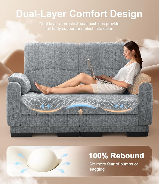 Yolsali Boneless Loveseat Sofa, High-Density Cloud-Like Double Cushion Floor Sofa Couch, Chenille Small Boneless Couch for Living Room, 850 lb Support, Raised Backrest, Ergonomic, Easy Assembly, Grey