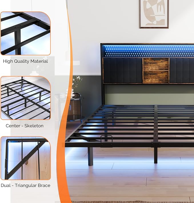 VINGLI King Size Floating Bed Frame with LED Lights and Charging Station, Cozy Hidden Storage Velvet Upholstered Headboard,No Box Spring Needed,Easy Assembly,Black