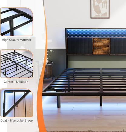 VINGLI King Size Floating Bed Frame with LED Lights and Charging Station, Cozy Hidden Storage Velvet Upholstered Headboard,No Box Spring Needed,Easy Assembly,Black