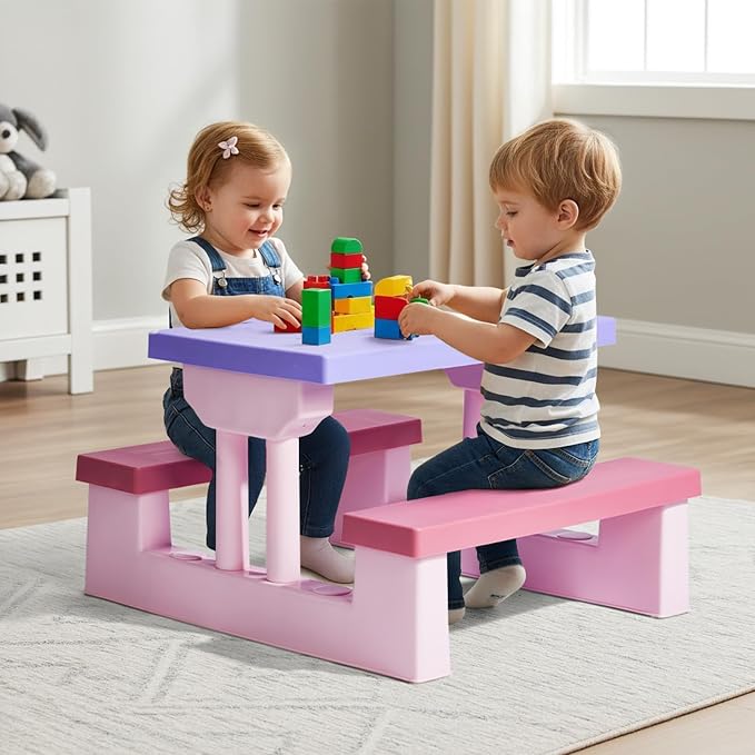 JOYMOR Kids Picnic Table with Removable Umbrella, Plastic Kids Activity Table for Outdoors, Toddler Table and Bench Set for Ages 3+, Ideal for Garden, Patio, Pink & Purple