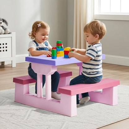 JOYMOR Kids Picnic Table with Removable Umbrella, Plastic Kids Activity Table for Outdoors, Toddler Table and Bench Set for Ages 3+, Ideal for Garden, Patio, Pink & Purple