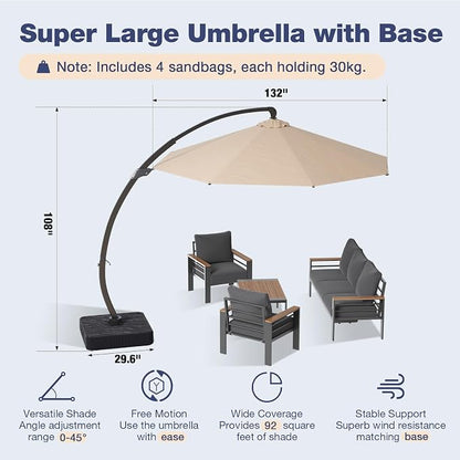 Aoxun Aluminum Patio Furniture Set with Umbrella 5 Seats, Oversized Outdoor Sectional with Washable Thick Cushions, Coffee Table, Patio Conversation Sets for Porch, Balcony, Deck