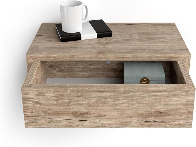 Mobili Fiver, Riccardo Floating nightstand, Oak, 17.7" x 9.8" x 6.1 ", Melamine-Finished, Modern Bedside Table, End Table, Italian Furniture